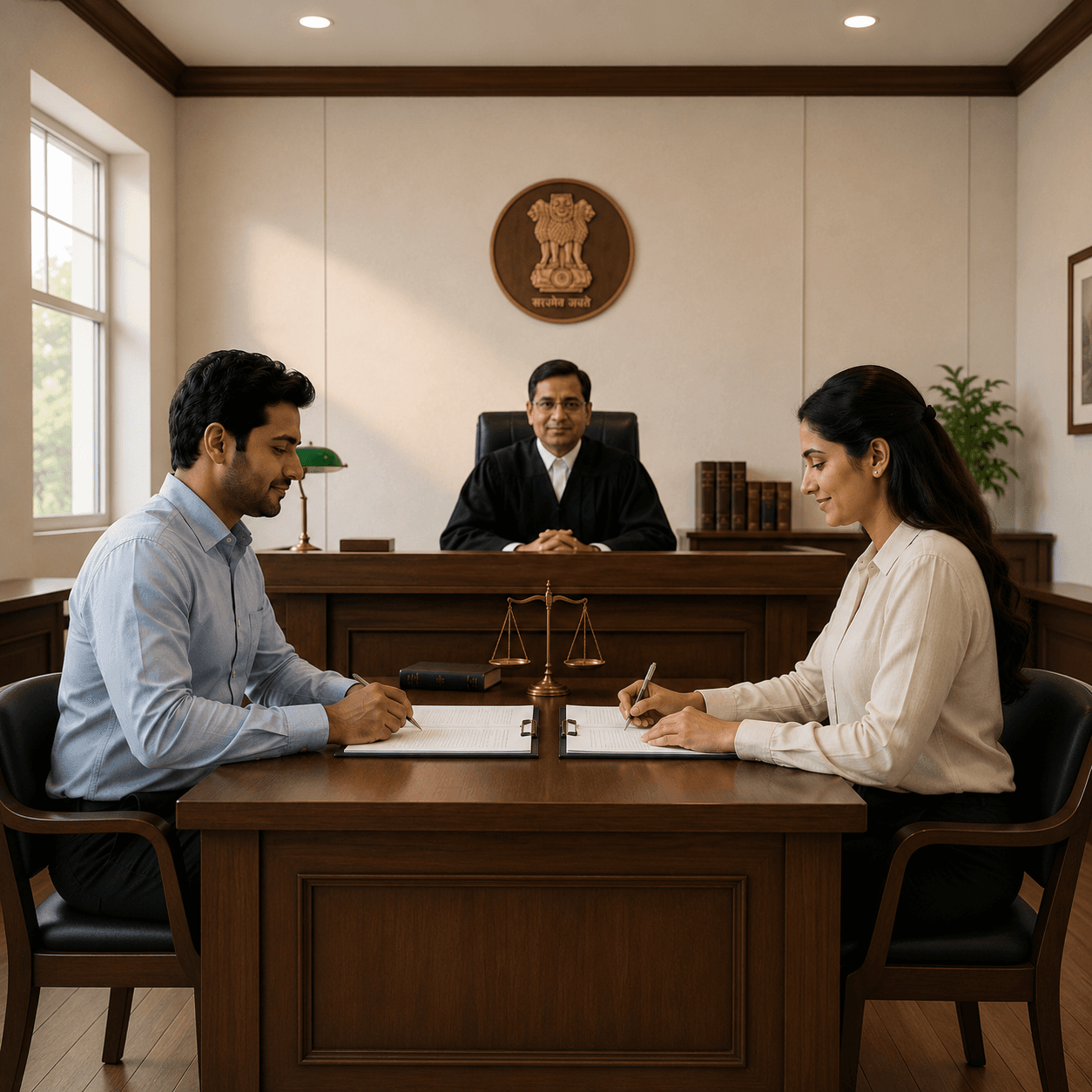 Two partners reaching a signed, amicable divorce agreement